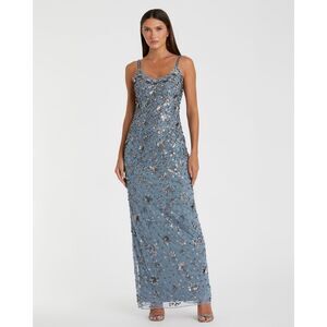 NWT MAC DUGGAL Blue Floral Embellished Scoop Neck Evening Gown Size US 10 $598